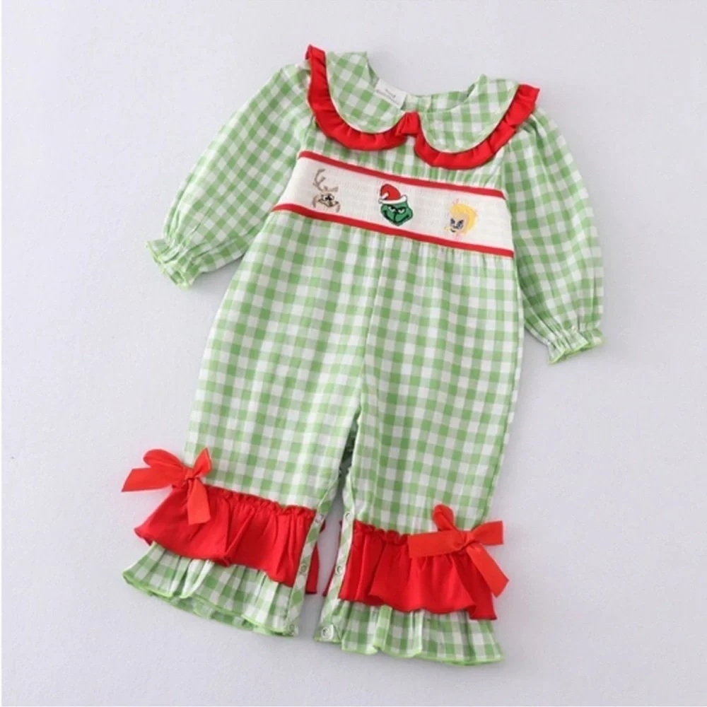 NWOT Adorable Green Checkered Boutique Baby Romper Red Bow Accents